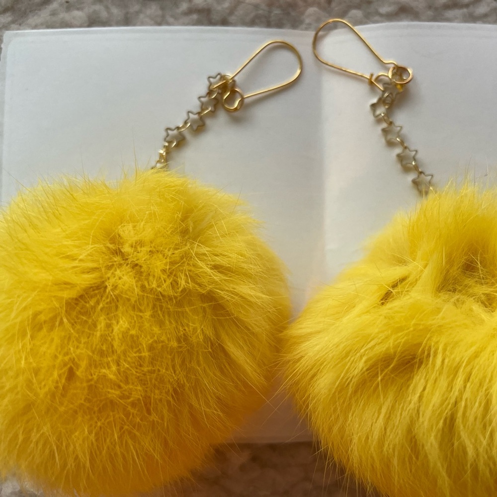 Yellow Rabbit fur Pom earrings